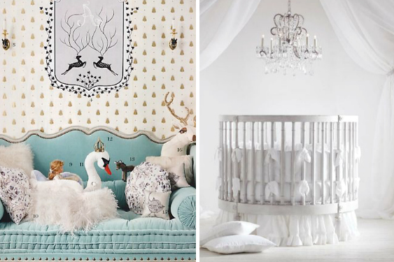 Royal baby nursery ideas with blue sofa, stuffed animals and chandelier over crib. Princess Baby Charlotte Interior Design Inspiration image on Summer Thornton Design website.