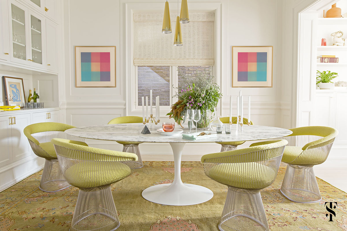 Lincoln Park Modern, Dining Room, Saarinen Table, Knoll Chartreuse Planter Chair, Vintage Rug, Modern Art, Brass Chandelier, Interior Design by Summer Thornton Design