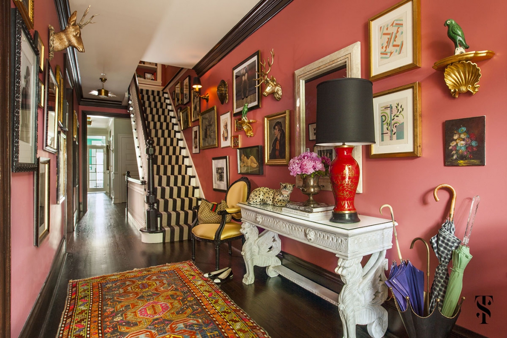 Lincoln Park Vintage, Pink Foyer With Gallery Wall, Umbrella Stand, Interior Design by Summer Thornton Design