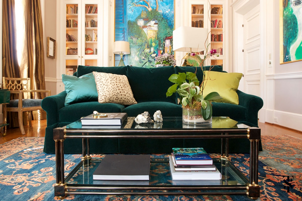 Tuxedo Road Atlanta, Green Velvet Sofa, Interior Design by Summer Thornton Design