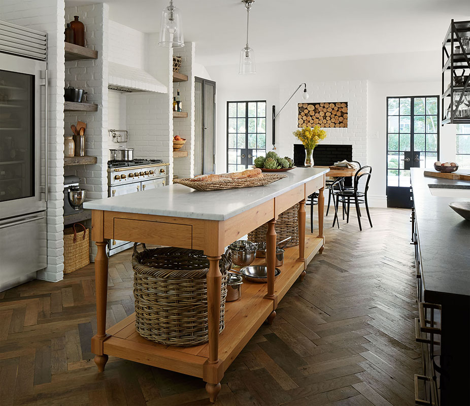 Country Club Tudor, Kitchen, Wood Kitchen Island With Marble Top, Steel Frame Windows, Interior Design By Summer Thornton Design