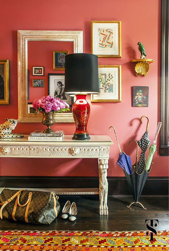 Lincoln Park Vintage, Pink Foyer With Gallery Wall, Umbrella Stand, Interior Design by Summer Thornton Design