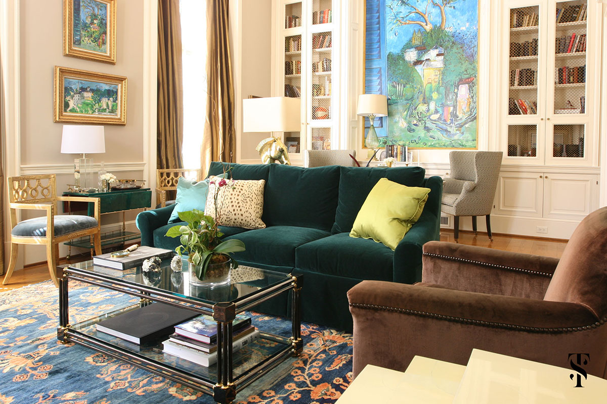 Tuxedo Road Atlanta, Green Velvet Sofa, Interior Design by Summer Thornton Design