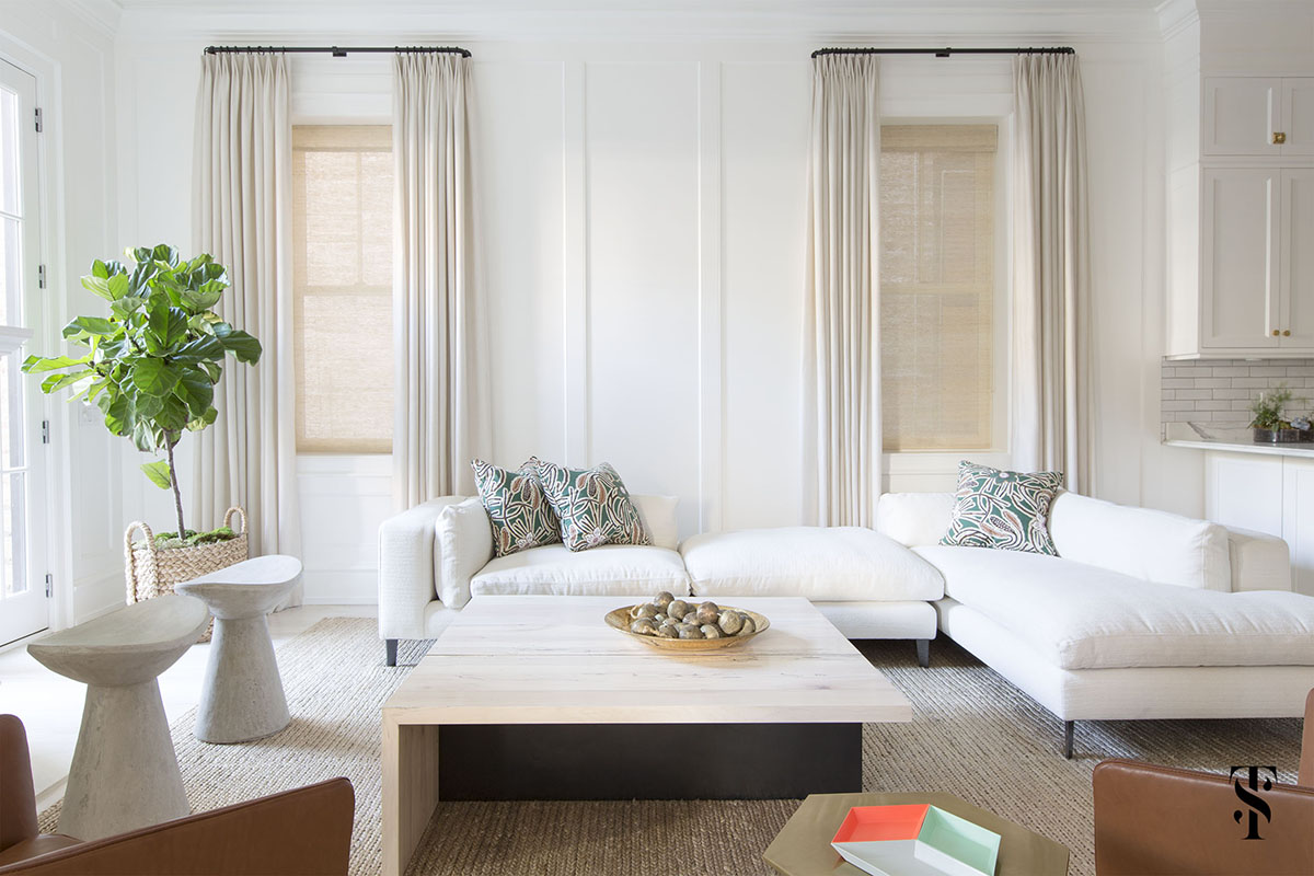 Lincoln Park Modern, White Neutral Family Room, White Sectional, Roman Shades With Drapes, Fiddle Leaf Tree, Interior Design by Summer Thornton Design