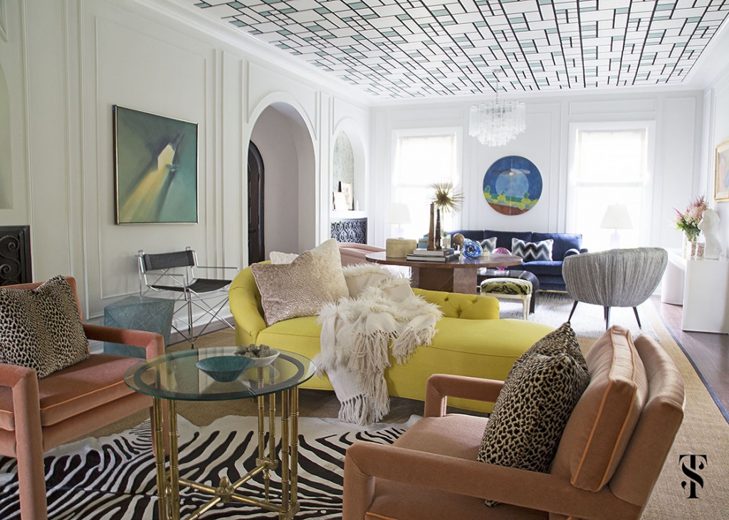 Wilmette Historical Home, Living Room With Graphic Wallpaper Ceiling, Yellow Sofa, Interior Design by Summer Thornton Design