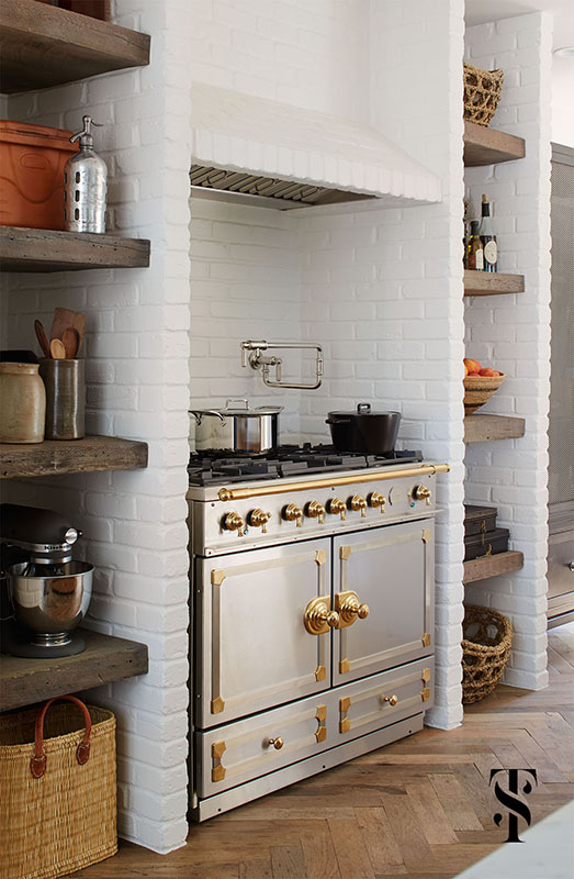 Country Club Tudor, Kitchen White Painted Brick Open Wood Shelves, La Cornue Range, Interior Design by Summer Thornton Design