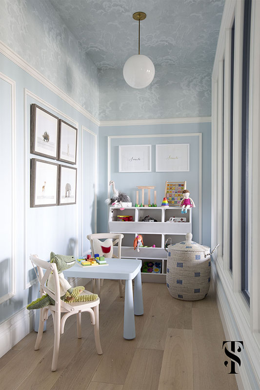 Chic Dental Office Kid's Playroom, Blue Walls With Wallpapered Ceiling, Animal Artwork, Interior Design by Summer Thornton Design