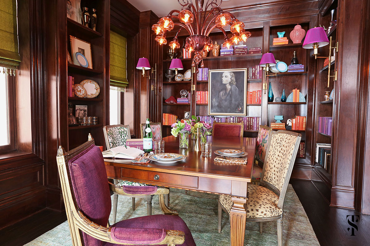 Lincoln Park Vintage, Dining Room With Purple Accents And Wood Paneling, Interior Design by Summer Thornton Design