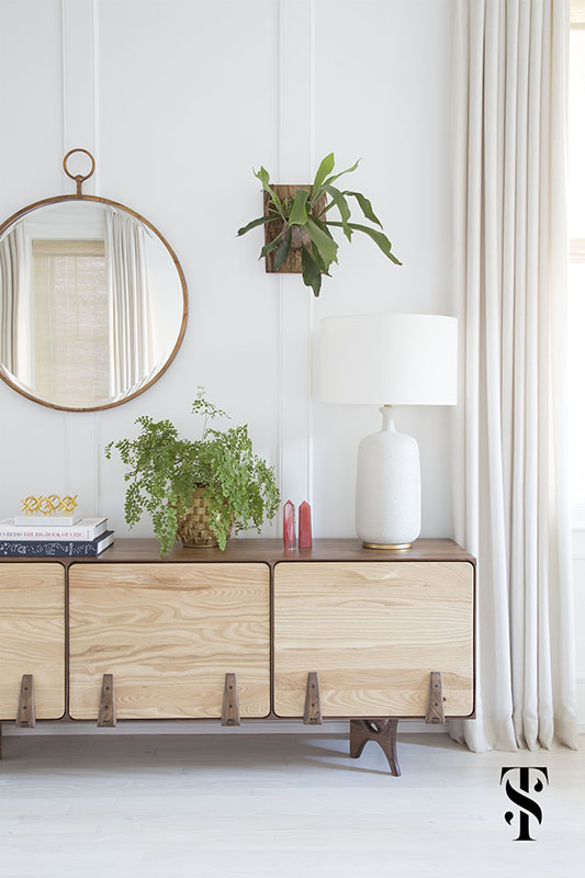 Lincoln Park Modern, Family Room, Wood Console Table, Circle Mirror, Interior Design by Summer Thornton Design