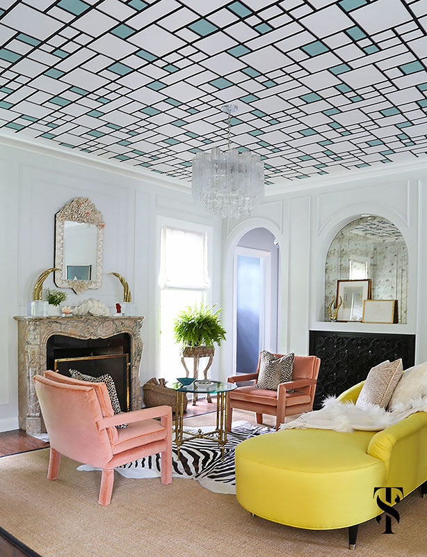 Wilmette Historical Home, Living Room With Graphic Wallpaper Ceiling, Yellow Sofa, Interior Design by Summer Thornton Design