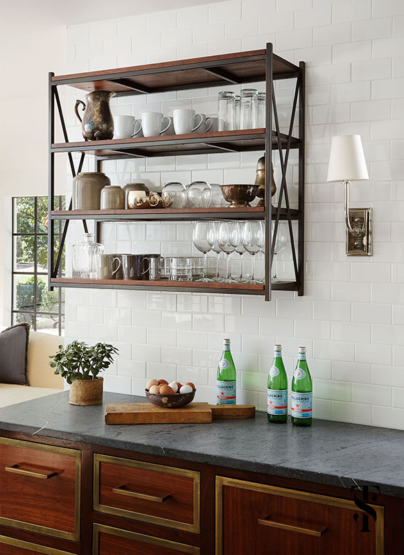 Country Club Tudor, Kitchen Open Shelving, Wood Cabinets, Interior Design by Summer Thornton Design
