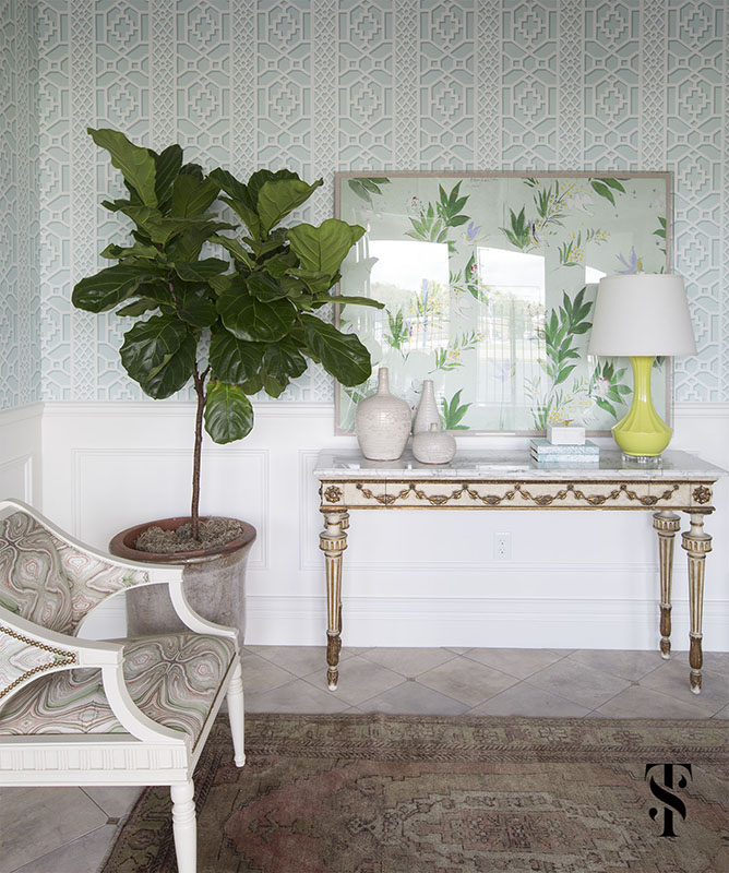 Chic Dental Office Foyer, Trellis Wallpaper, French Console Table, Fig Leaf Tree, Interior Design by Summer Thornton Design