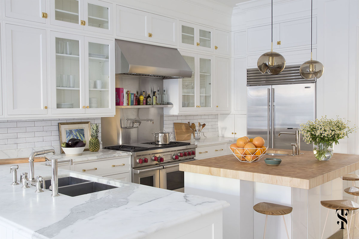 Lincoln Park Modern, Kitchen, White Cabinets With Custom Brass Hardware, Custom Island, Stainless Steel Hood, Interior Design by Summer Thornton Design