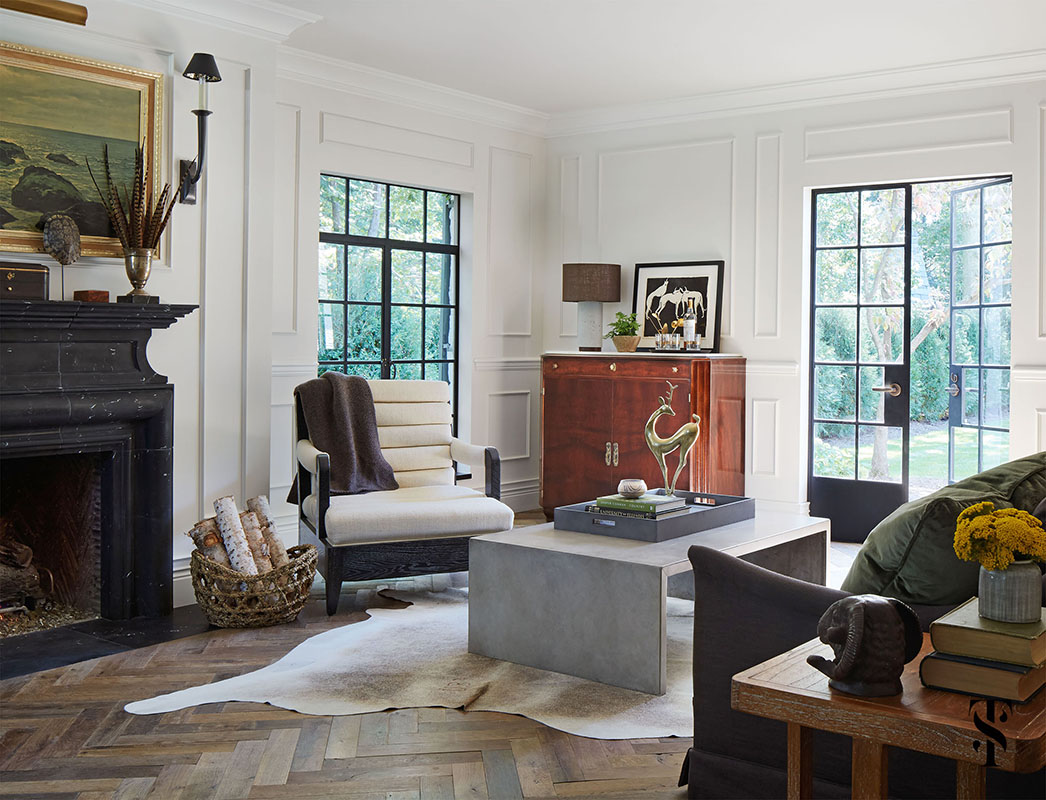 Country Club Tudor, Living Room With Animal Hide On Wood Herringbone Floor, Interior Design by Summer Thornton Design