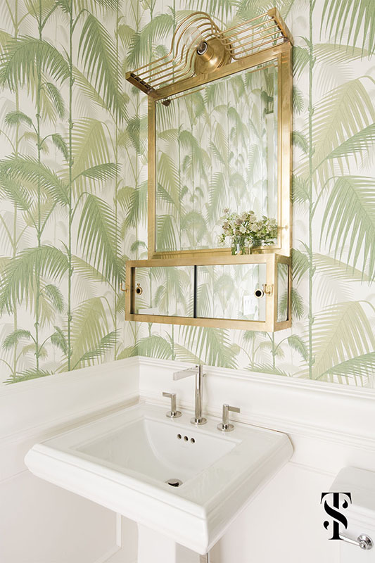 Lincoln Park Modern, Powder Room, Bathroom, Palm Leave Wallpaper With Brass Mirror, Interior Design by Summer Thornton Design