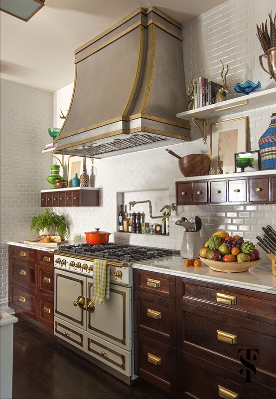 Lincoln Park Vintage, Kitchen, Stainless Steel Hood With Brass Accents, Interior Design by Summer Thornton Design