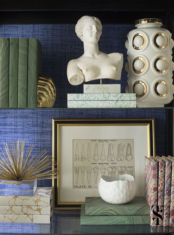Chic Dental Office, Bookcase Styling, Marble Bust, Grasscloth, Interior Design by Summer Thornton Design