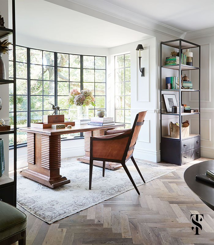 Country Club Tudor, Living Room Desk, Steel Framed Windows, Herringbone Wood Floors, Interior Design by Summer Thornton Design