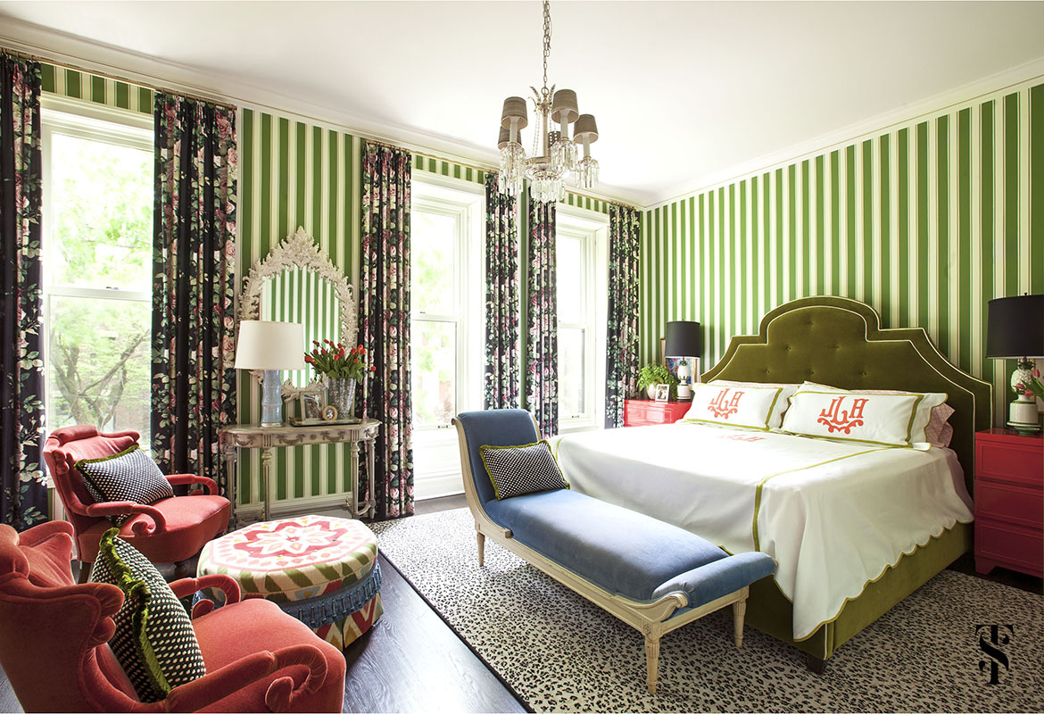 Lincoln Park Vintage, Master Bedroom, Striped Wallpaper, Interior Design by Summer Thornton Design 