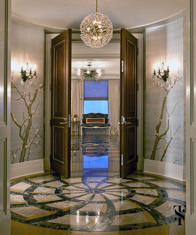 Palmolive Penthouse, Foyer, Hand-Painted Wallpaper, Interior Design by Summer Thornton Design