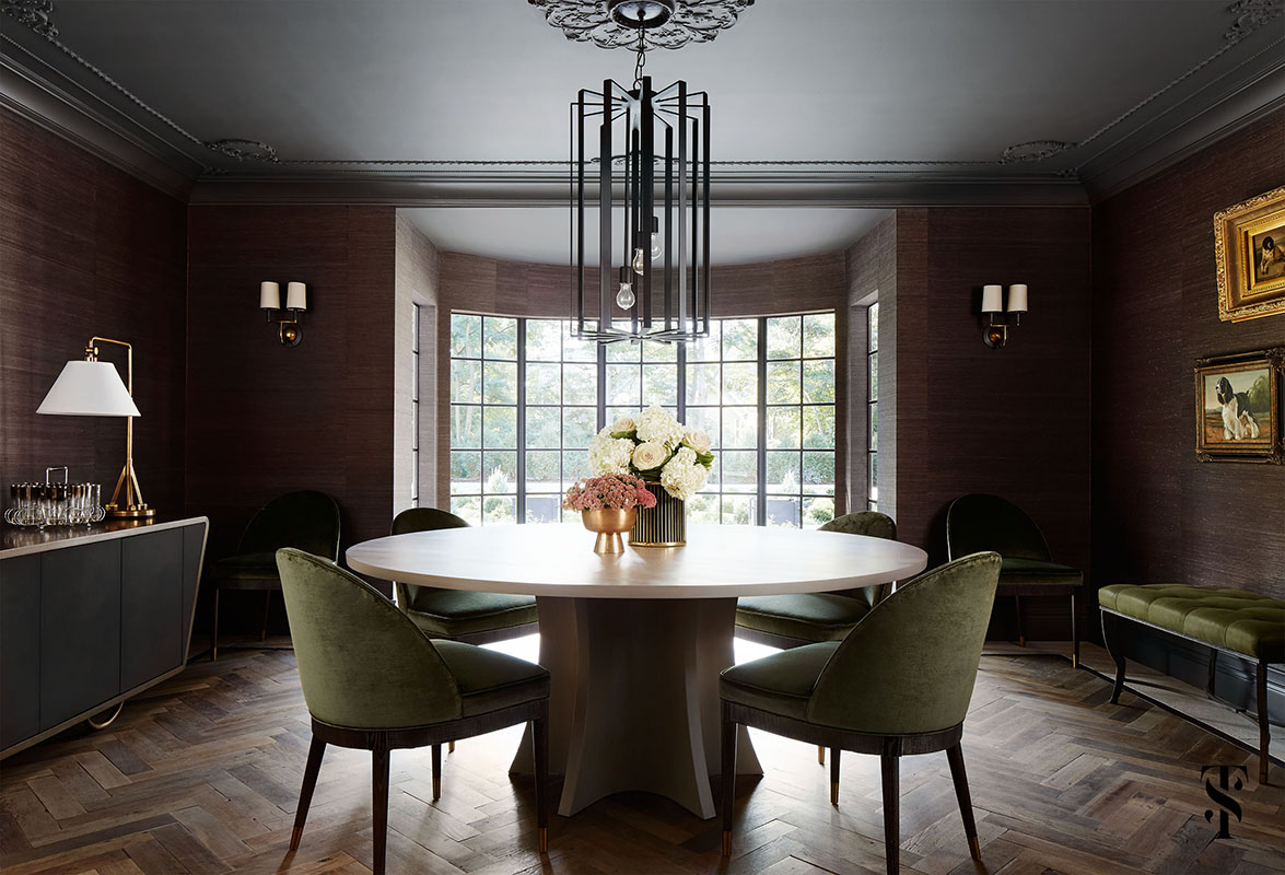 Country Club Tudor, Dining Room Wood Herringbone Floors and Grasscloth Walls, Interior Design by Summer Thornton Design