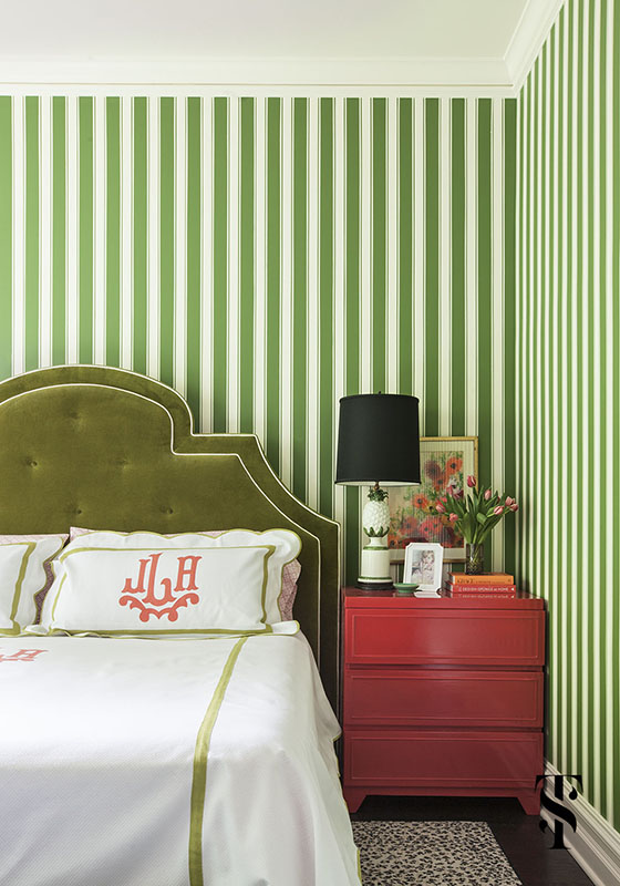 Lincoln Park Vintage, Master Bedroom, Green Striped Wallpaper, Interior Design by Summer Thornton Design
