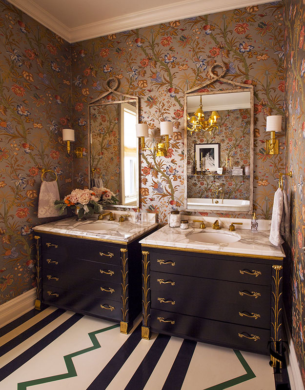 Lincoln Park Vintage, Master Bathroom With Floral Metallic Wallpaper, Painted Wood Floor, Interior Design by Summer Thornton Design
