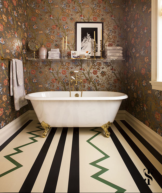 Lincoln Park Vintage, Master Bathroom With Floral Metallic Wallpaper, Painted Wood Floor, Interior Design by Summer Thornton Design