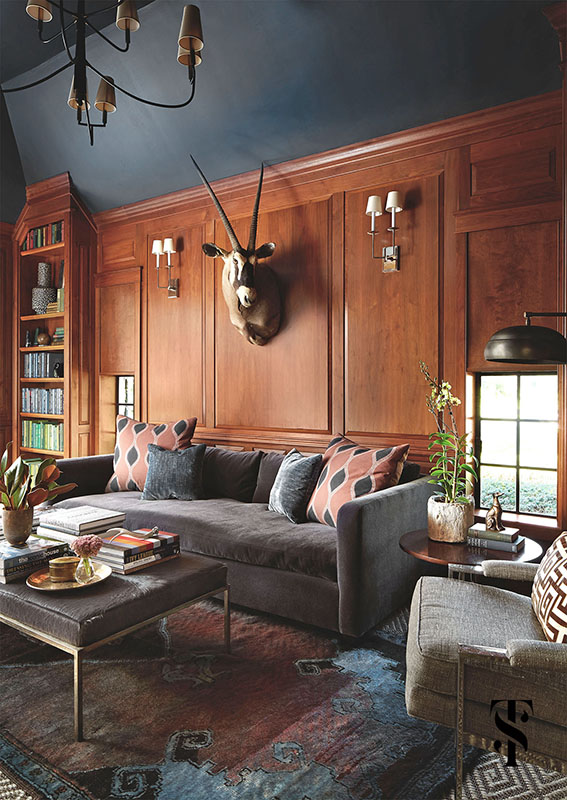 Country Club Tudor, Wood Paneled Den With Taxidermy, Interior Design by Summer Thornton Design