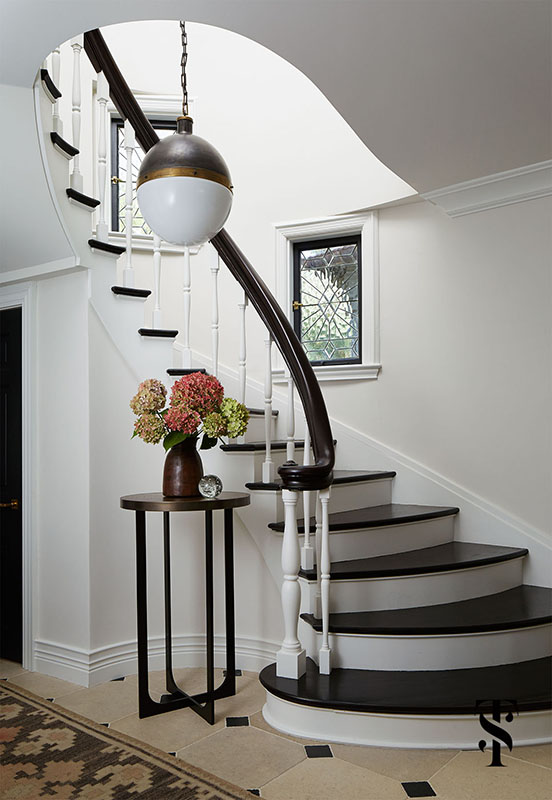 Country Club Tudor, Foyer With Circular Stairway, Interior Design by Summer Thornton Design
