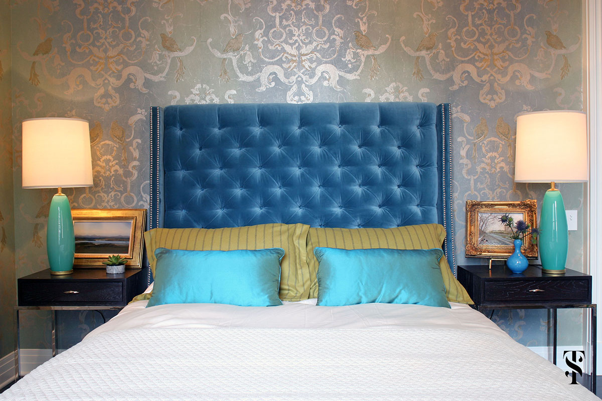 Palmolive Penthouse, Blue Bedroom, Interior Design by Summer Thornton Design