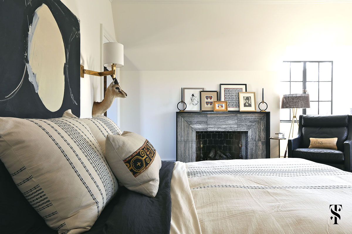 Country Club Tudor, Masculine Master Bedroom, Taxidermy, Fireplace, Interior Design by Summer Thornton Design