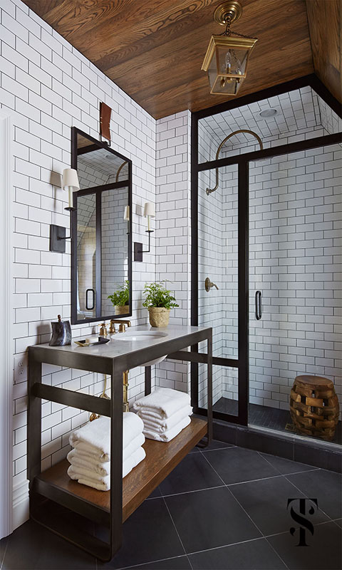 Country Club Tudor, Master Bathroom Steel Frame Shower, Wood Planked Ceiling, Interior Design by Summer Thornton Design 