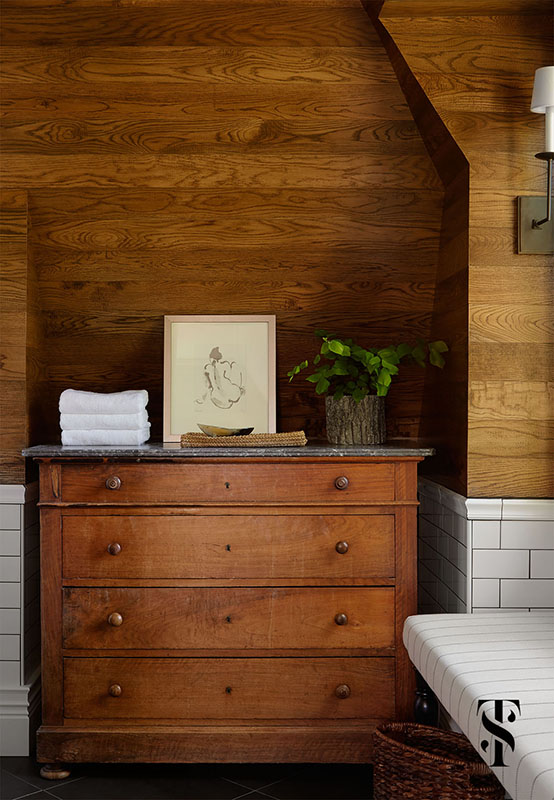Country Club Tudor, Master Bedroom Wood Highboy Against Wood Planked Walls, Interior Design by Summer Thornton Design 