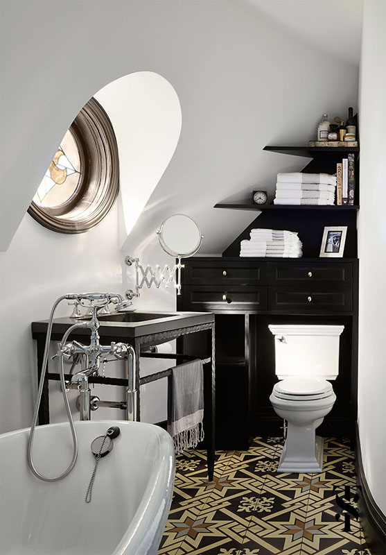 Country Club Tudor, Guest Bathroom With Pattern Floors, Interior Design by Summer Thornton Design 