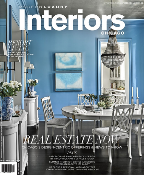 Modern Luxury Interiors Summer Fall 2016 featuring cerulean blue dining room in high gloss. Interior design by Summer Thornton Design.