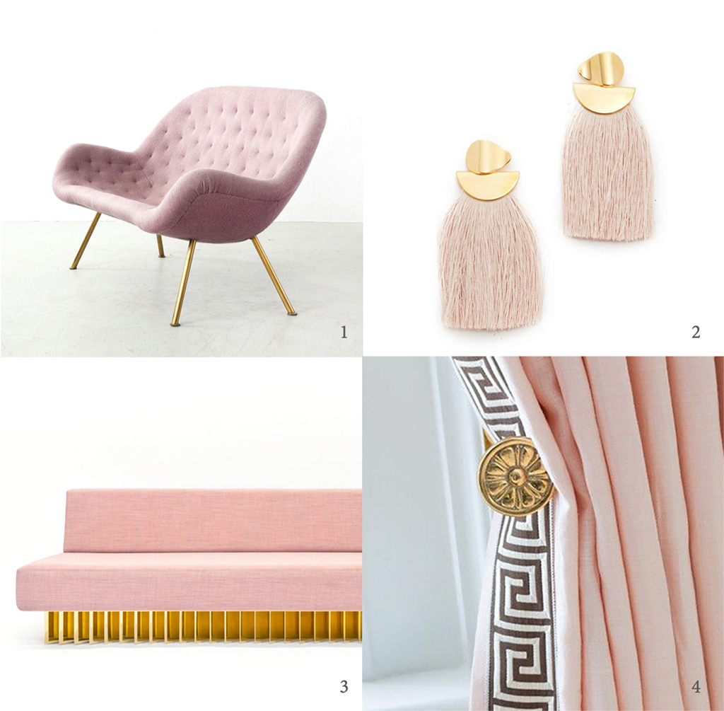 Pink and brass Fritz Neth sofa for Correcta, pink and brass Fringe earrings by Lizzie Fortunato, Angled Brass Bar Sofa by Early Work, pink and brass drapery and hardware.
