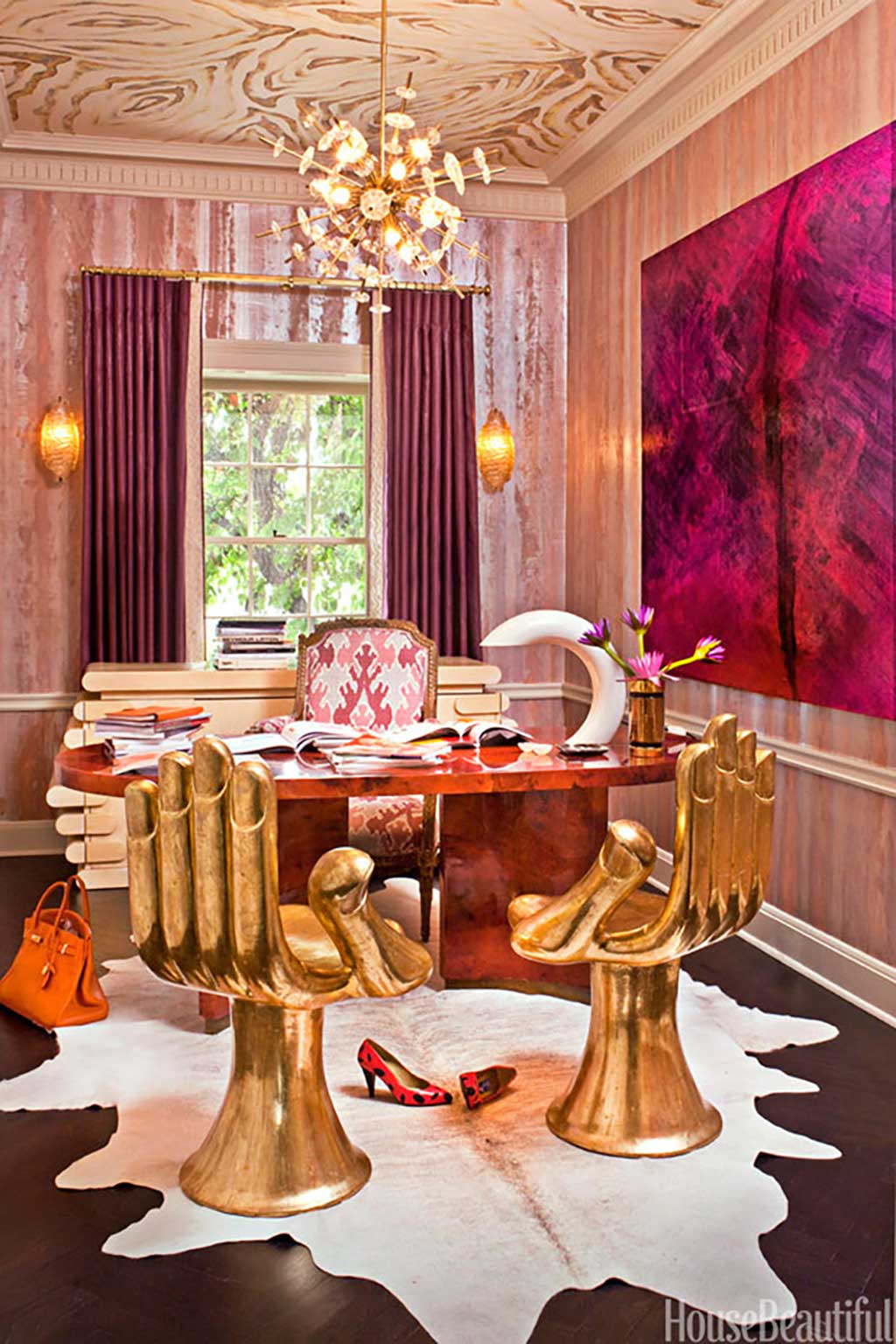 Pink and brass office by Kelly Wearstler from House Beautiful