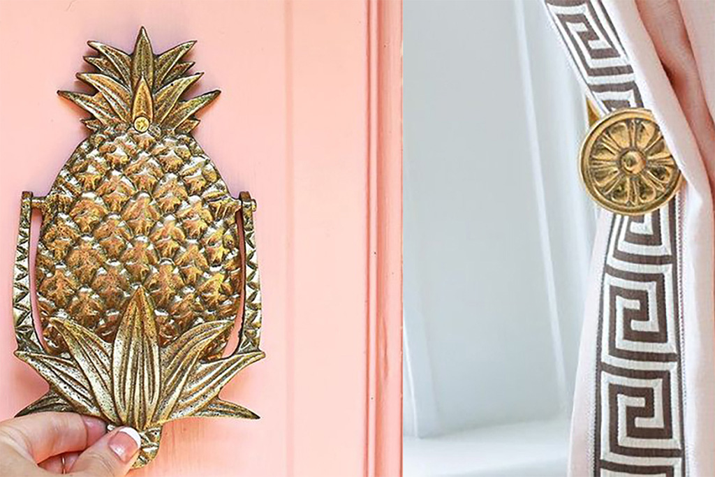 Peach door brass pineapple door knocker and pink and brass drapery and hardware