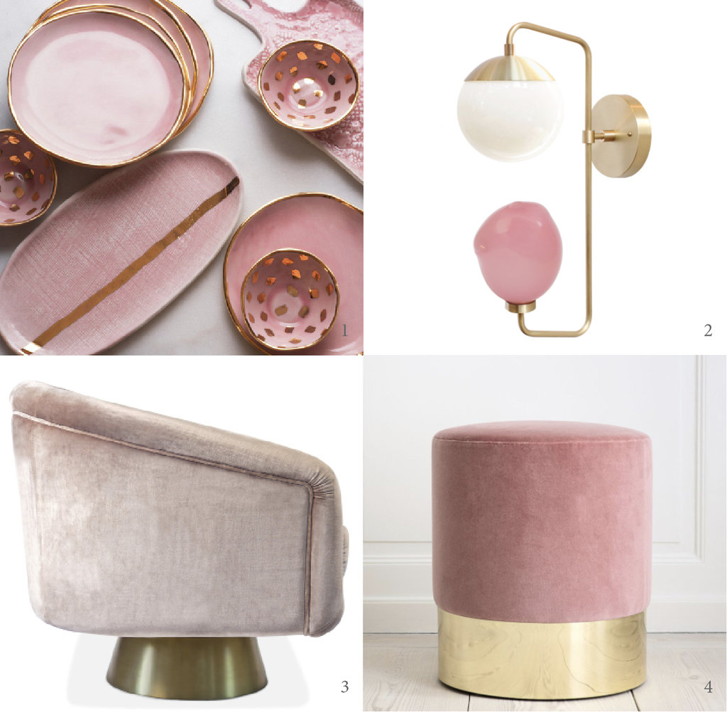 Pink and brass product roundup ceramics sconce chair stool