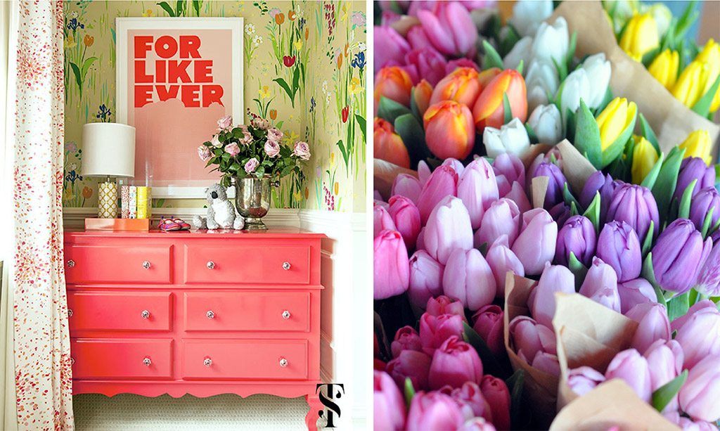 Lincoln Park Vintage Remodel by Summer Thornton Design, tulip wallpaper, coral highboy. Colorful tulips