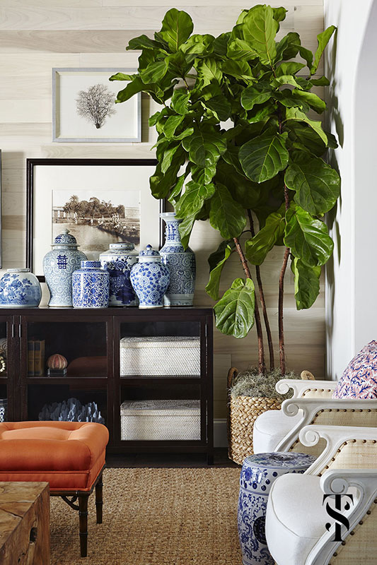 Naples Interior Designer - Summer Thornton - great room with blue and white Chinese ginger jars, a fiddle leaf fig tree, & vintage b&w photography with orange silk stool and wood paneled wall - www.summerthorntondesign.com