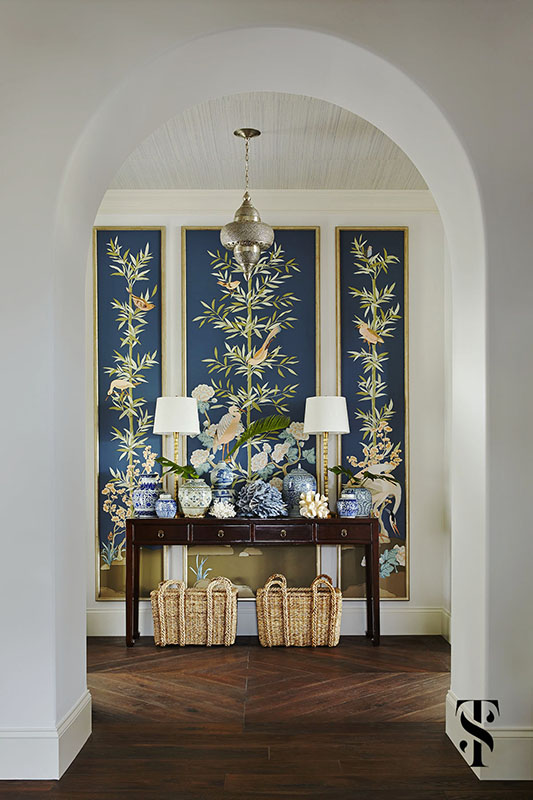 Naples Florida Interior Design & Architecture by Summer Thornton - entryway foyer with hand painted foliage and bird panels by Alison Cosmos with blue coral and Chinese ginger jars - www.summerthorntondesign.com