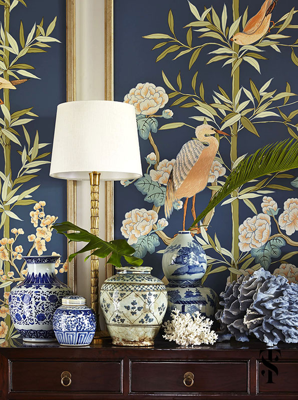 Naples Florida Interior Design by Summer Thornton - entryway foyer with hand painted foliage and bird panels by Alison Cosmos with blue coral and Chinese ginger jars - www.summerthorntondesign.com