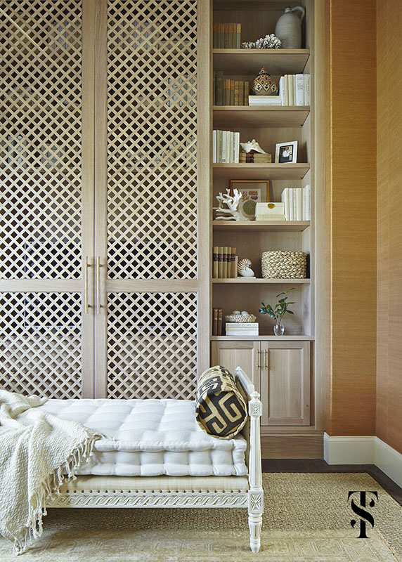 Naples Interior Designer Summer Thornton - den with media cabinet concealing television with day bed and grasscloth walls - www.summerthorntondesign.com