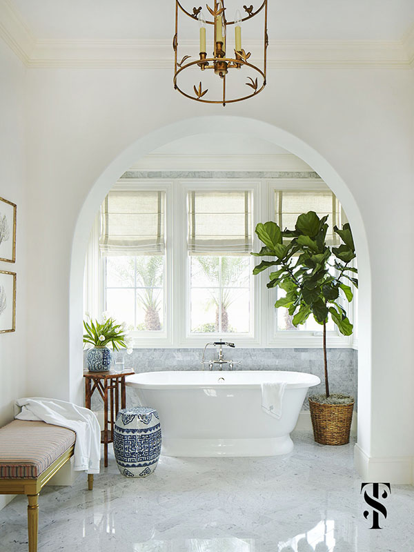 Naples Florida Interior Design by Summer Thornton | free standing tub with marble bath & fiddle leaf fig tree | www.summerthorntondesign.com