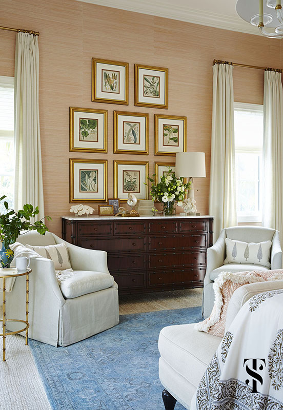Naples Interior Design by interior designer Summer Thornton | bedroom with coral pink grasscloth walls and framed audubon floral prints | www.summerthorntondesign.com