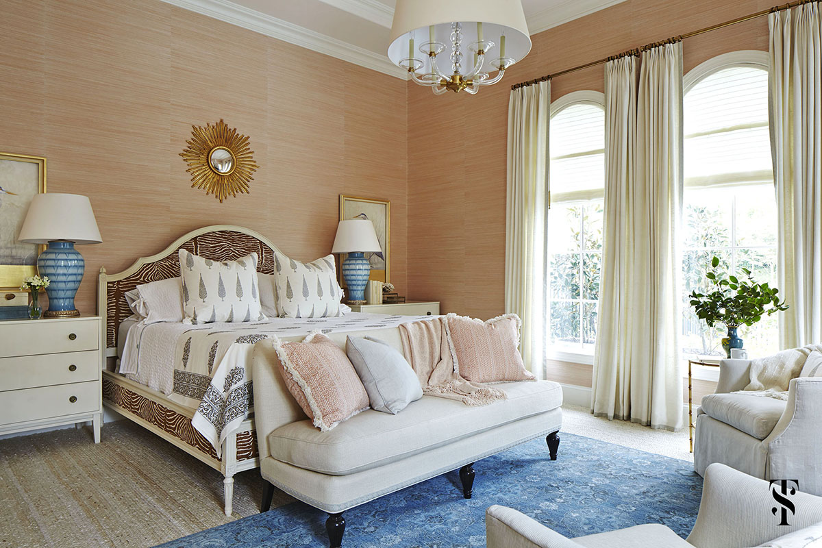 bedroom with coral pink grasscloth walls and zebra print headboard |Naples, Florida | Interior Design by Summer Thornton | www.summerthorntondesign.com