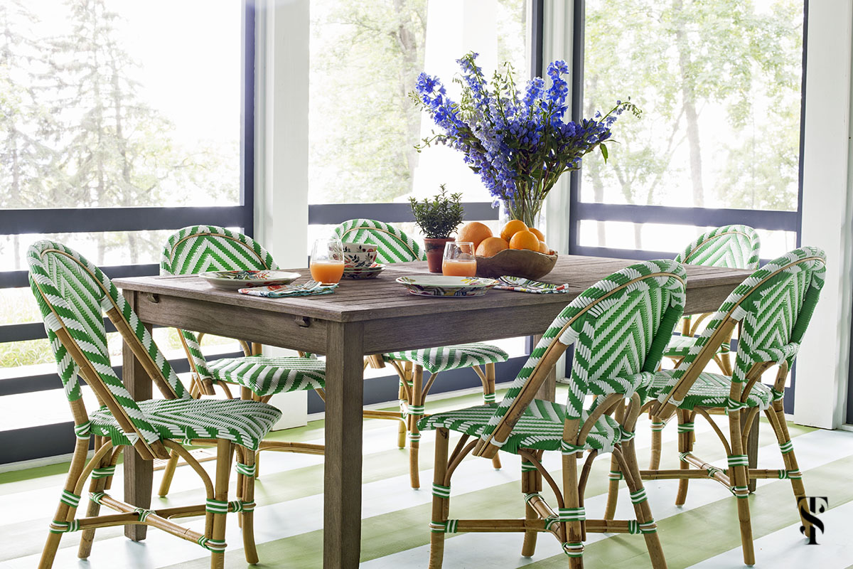 lake house porch with green striped floor and green bistro chairs by serena & lily, interior design by summer thornton www.summerthorntondesign.com