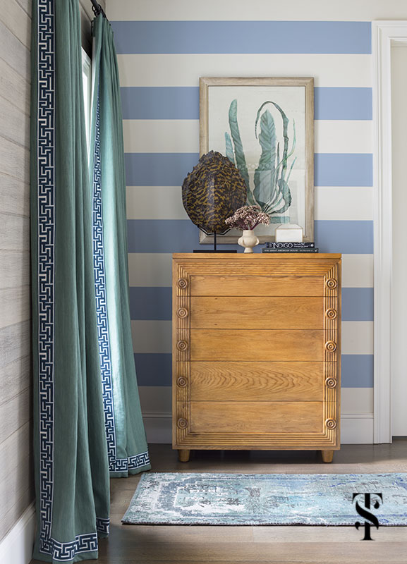 lake house with blue and white striped walls, greek key tape trim, and tortoise shell; interior design by summer thornton www.summerthorntondesign.com